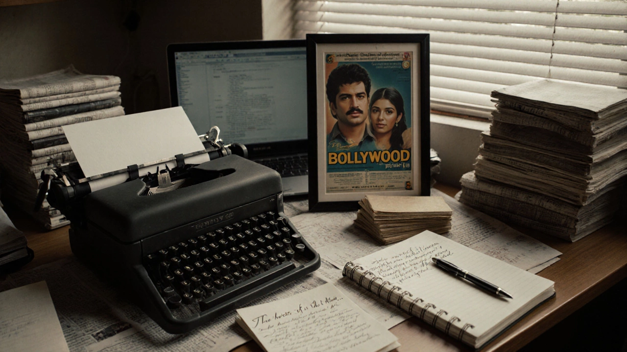 A critic&#039;s desk with film scripts, notes, and a typewriter in a newspaper office.