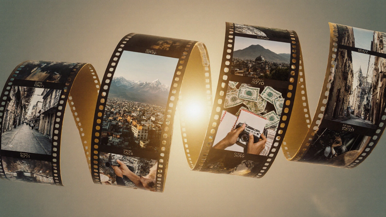 A film reel spanning 20 years and 12 countries, symbolizing the slow, passionate creation of Vishwaroopam.