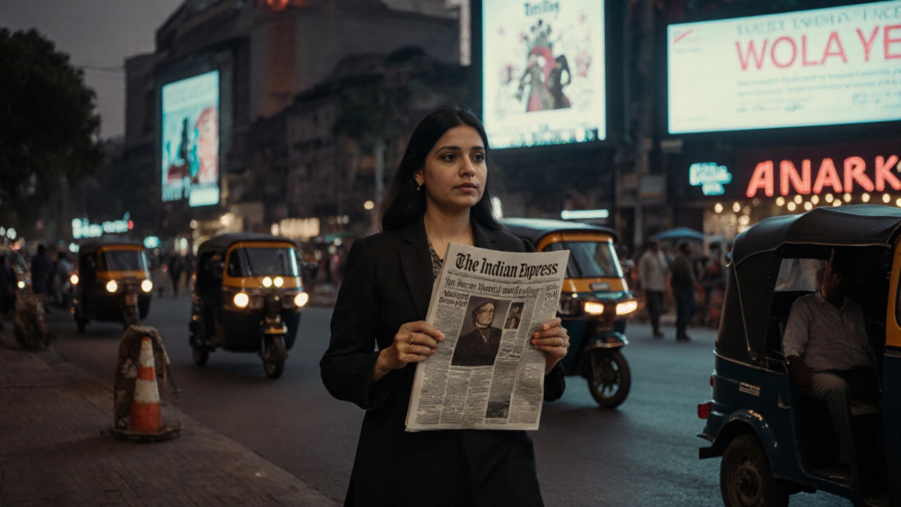 A woman walks away from flashy movie ads, holding a printed newspaper review.