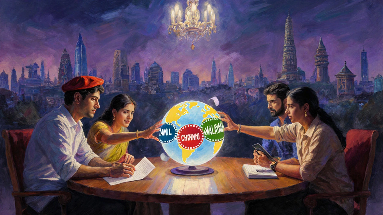 Artistic meeting of filmmakers with film reels merging regional cinemas, symbolizing future collaborations.