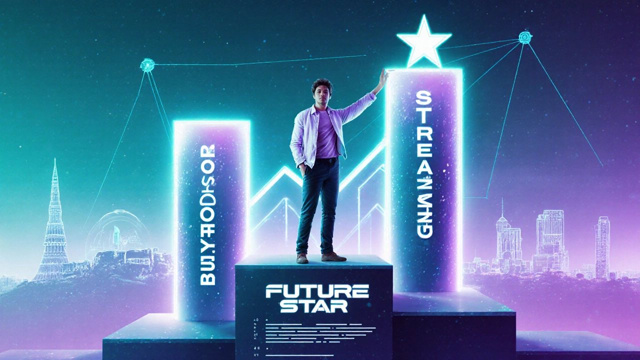 Aspiring actor on a platform with pillars labelled Box Office, Streaming, Brand, and a rising earnings chart.