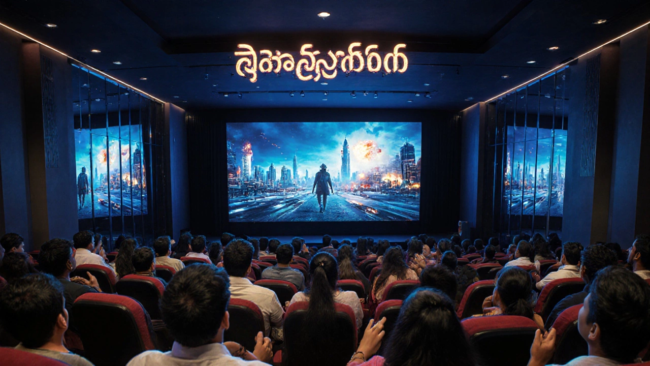 Audience watching a Telugu blockbuster in a brightly lit Hyderabad multiplex.