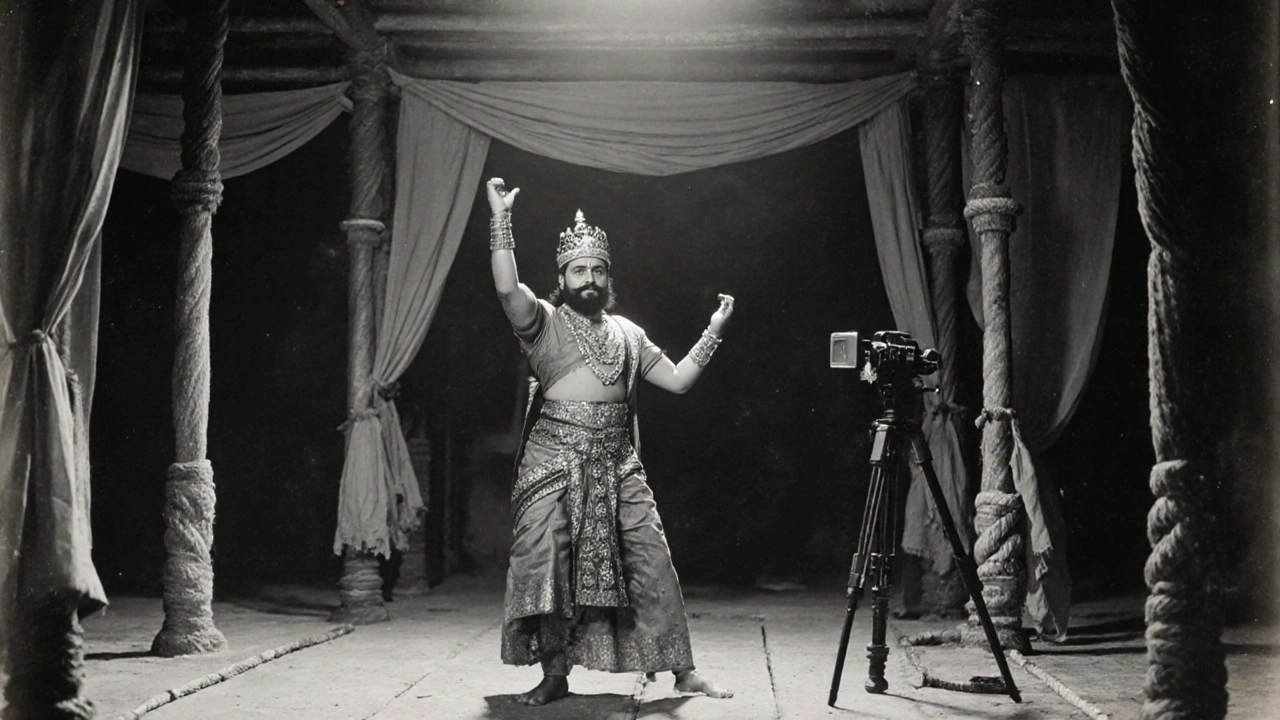 Black‑and‑white scene of Phalke as King Harishchandra on a bamboo set.