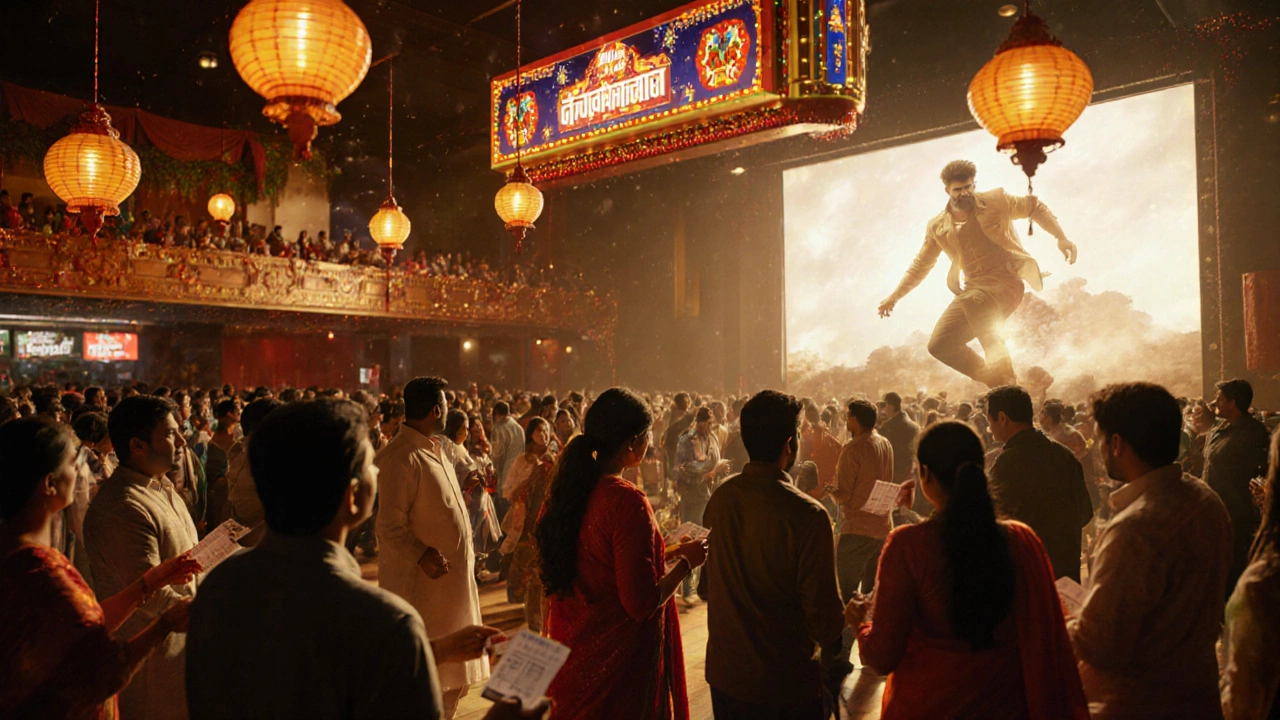 Busy Indian multiplex lobby with festive decorations and excited moviegoers.