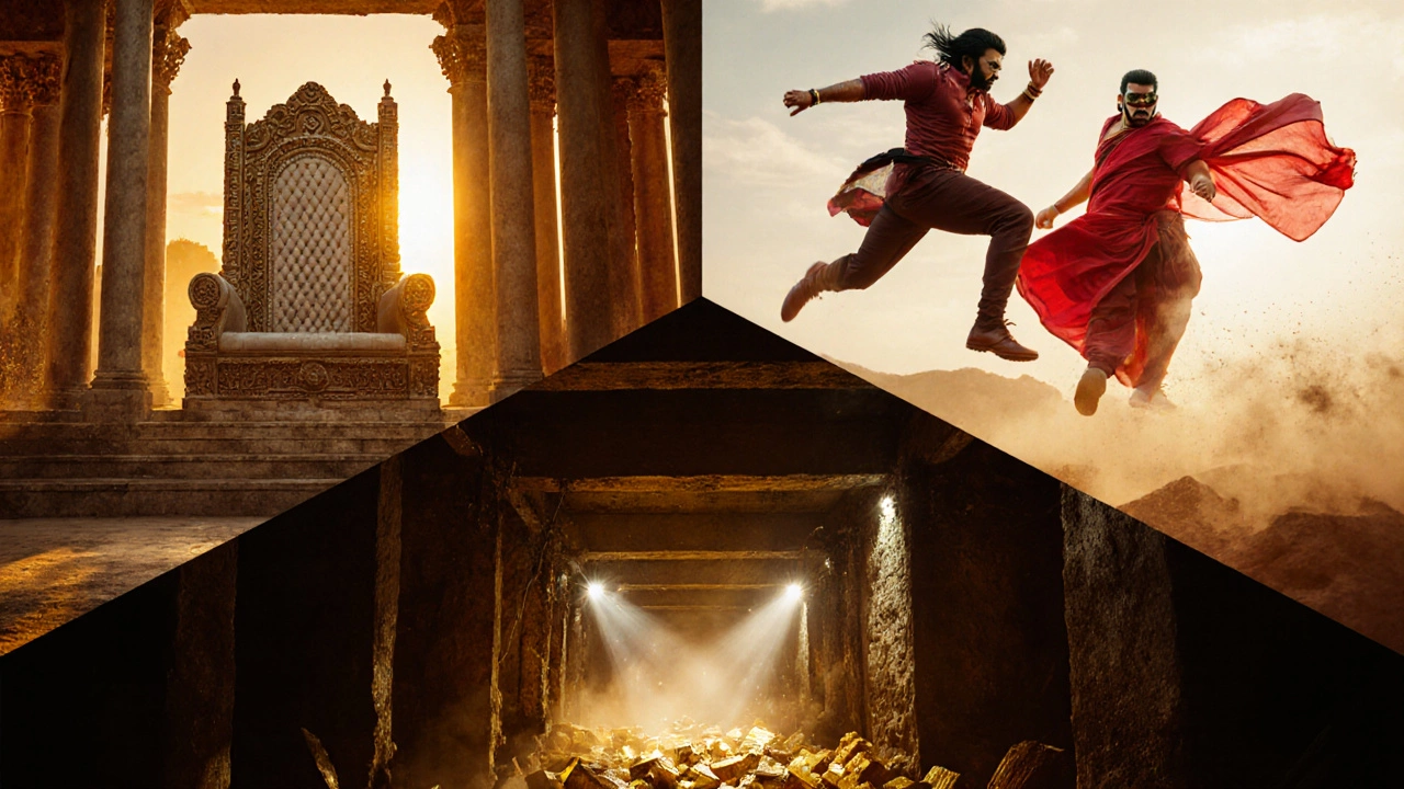 Collage of Baahubali's throne, RRR heroes in action, and KGF's gold mine, forming a dramatic triangular scene.