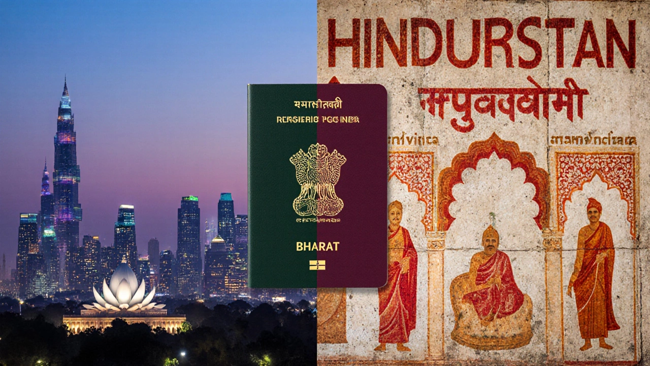 Collage of modern Delhi skyline beside an ancient mural of historic Indian names.