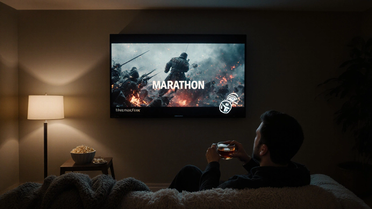 Cozy living room showing an epic battle scene on a large screen.