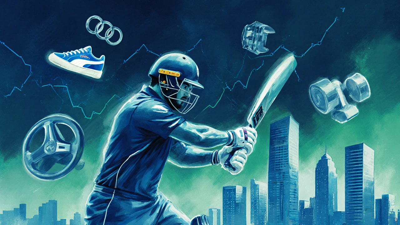 Cricket bat, sports brand items, fitness gear and Mumbai skyline illustrate Kohli's earnings.