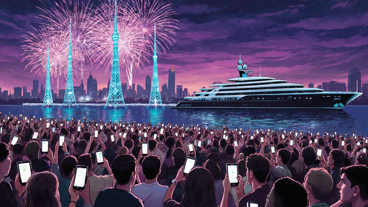 Crowd at Jio launch with fireworks, 5G towers and Antilia yacht in background