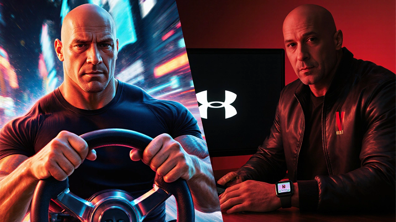 Dwayne Johnson split between a Fast X car chase scene and a streaming studio with brand accessories.