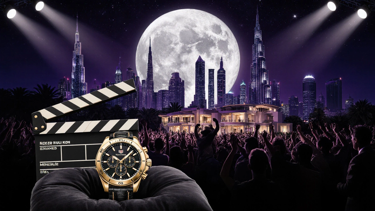Film set, luxury watch and upscale property skyline portray Shah Rukh Khan's wealth.