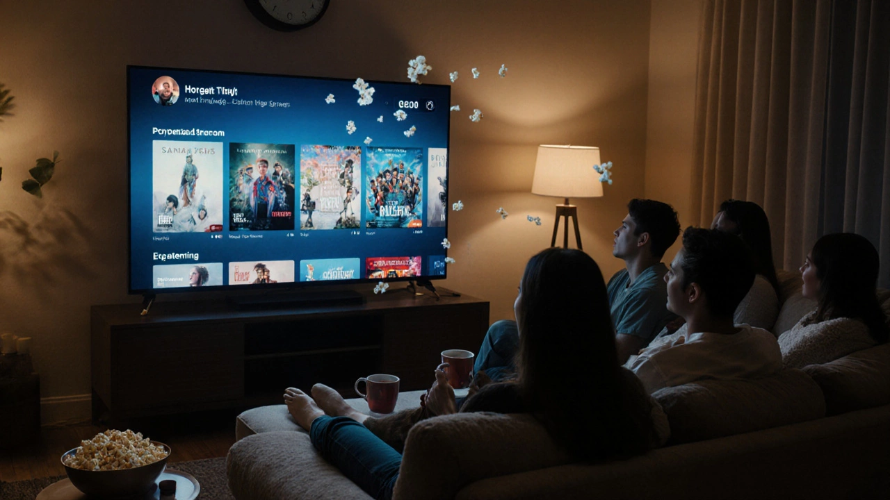 Friends gathered on a sofa watching new releases on a TV in a cozy living room.