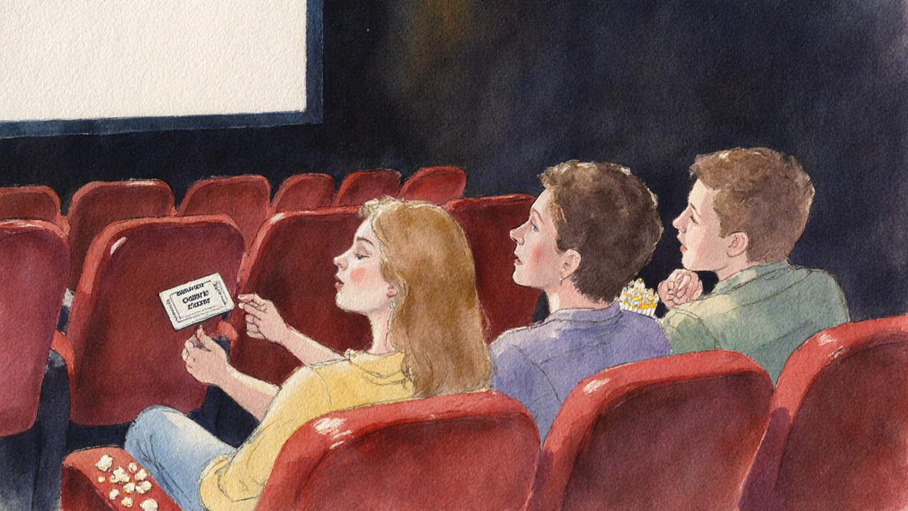 Friends smiling while watching a movie in a dim theater.
