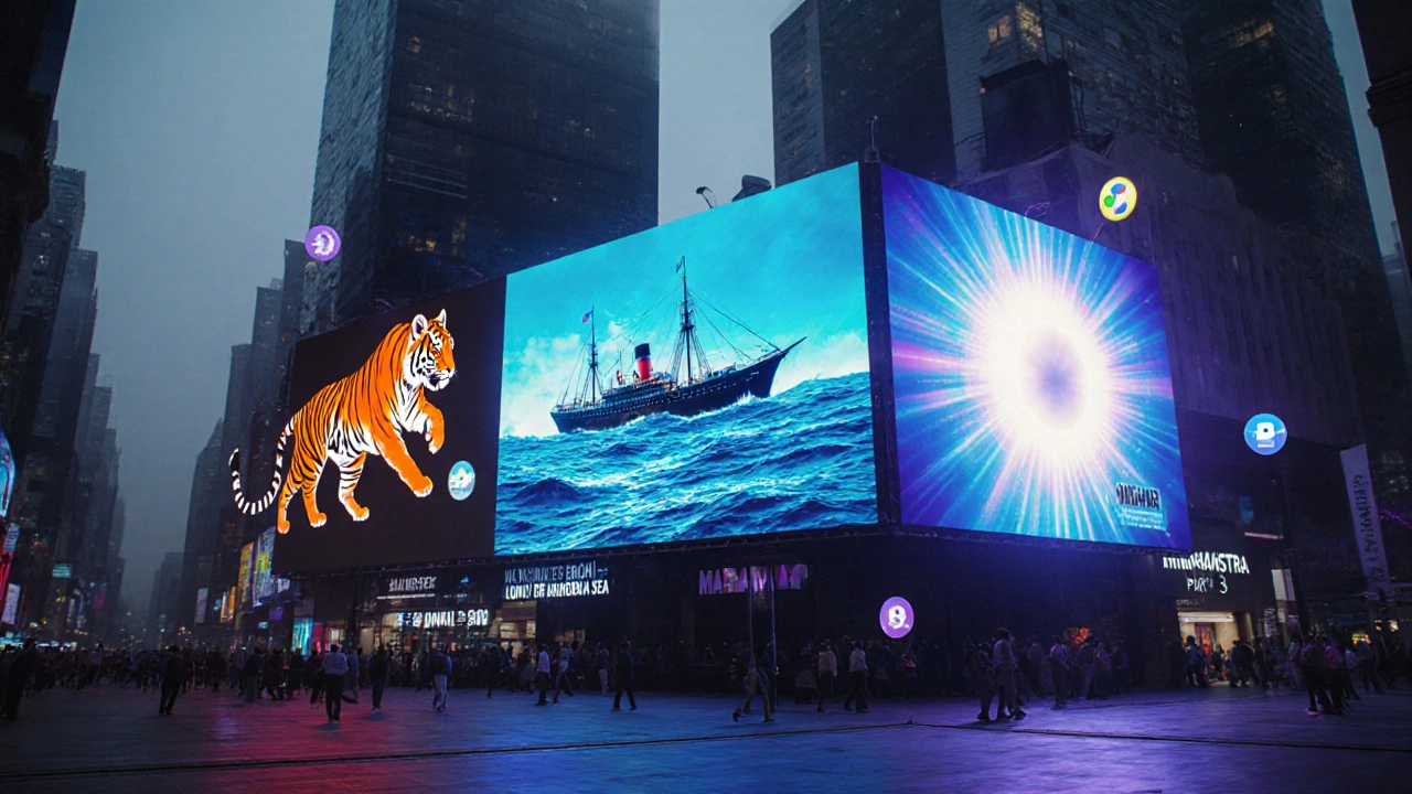 Futuristic holographic billboard featuring upcoming Indian blockbusters.