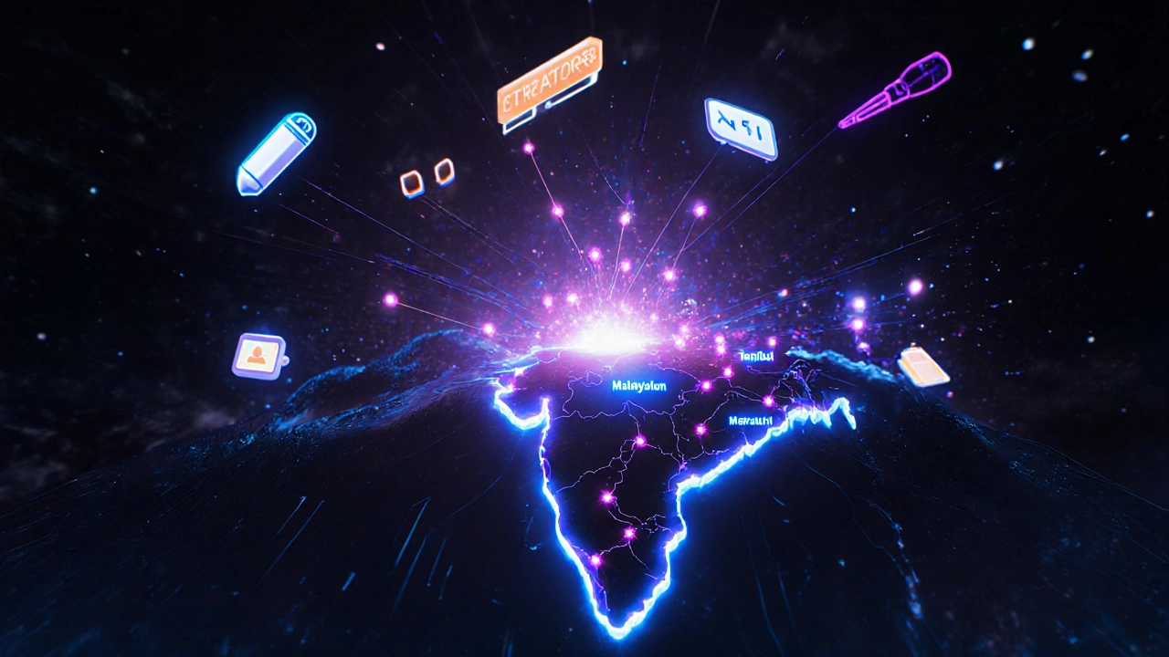 Futuristic illustration of data streams and glowing nodes representing India's regional film market for Netflix.