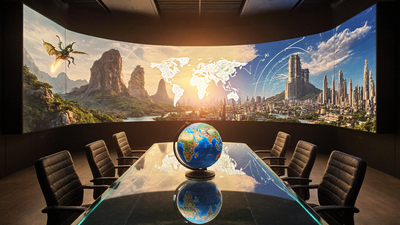 Futuristic Indian film studio with LED walls and glowing lines spreading from India to worldwide locations.