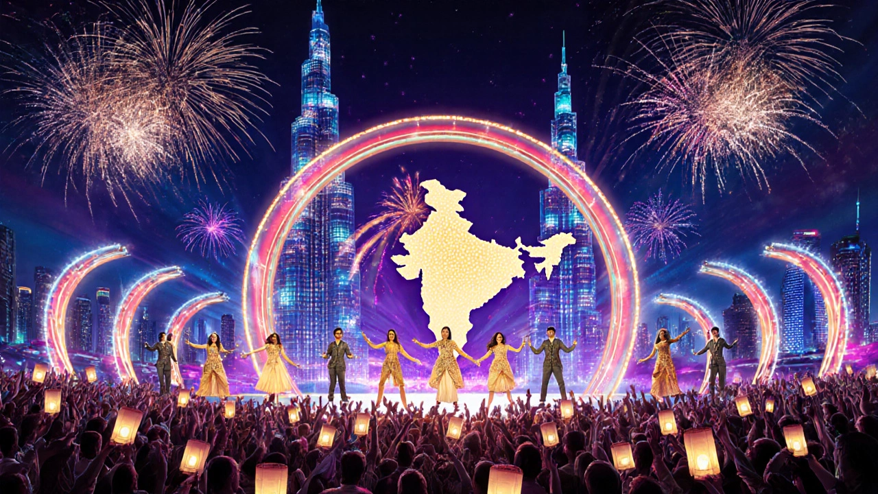 IIFA Awards stage in Dubai with dazzling lights, dancers, and an international crowd.