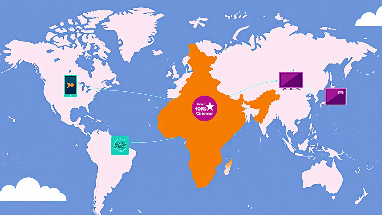 Map highlighting India, Bangladesh, Nepal, Gulf and Singapore with OTT platform icons.