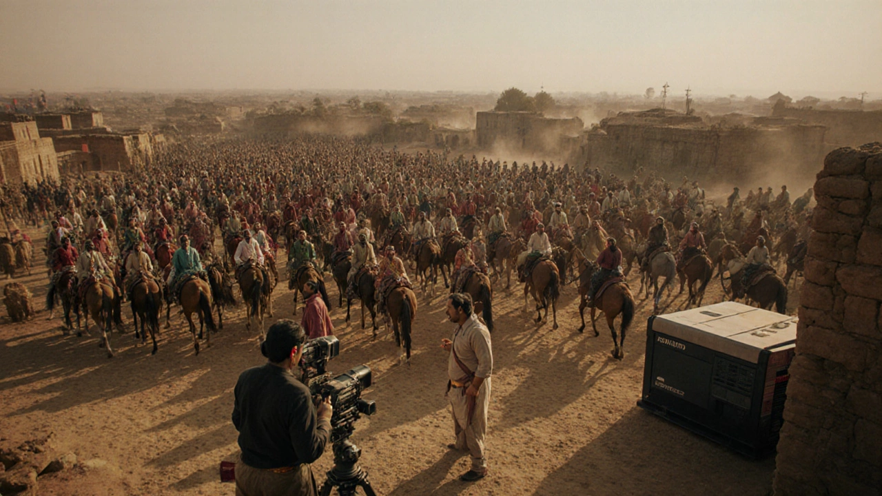 Massive historical film set with actors, horses, and a RED camera in action.
