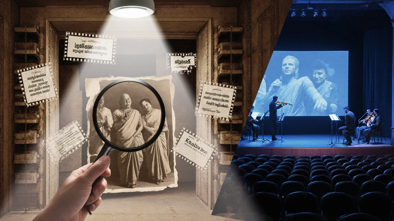 Mixed‑media image of archival sepia photo and intertitle fragments alongside a modern cinema projection.