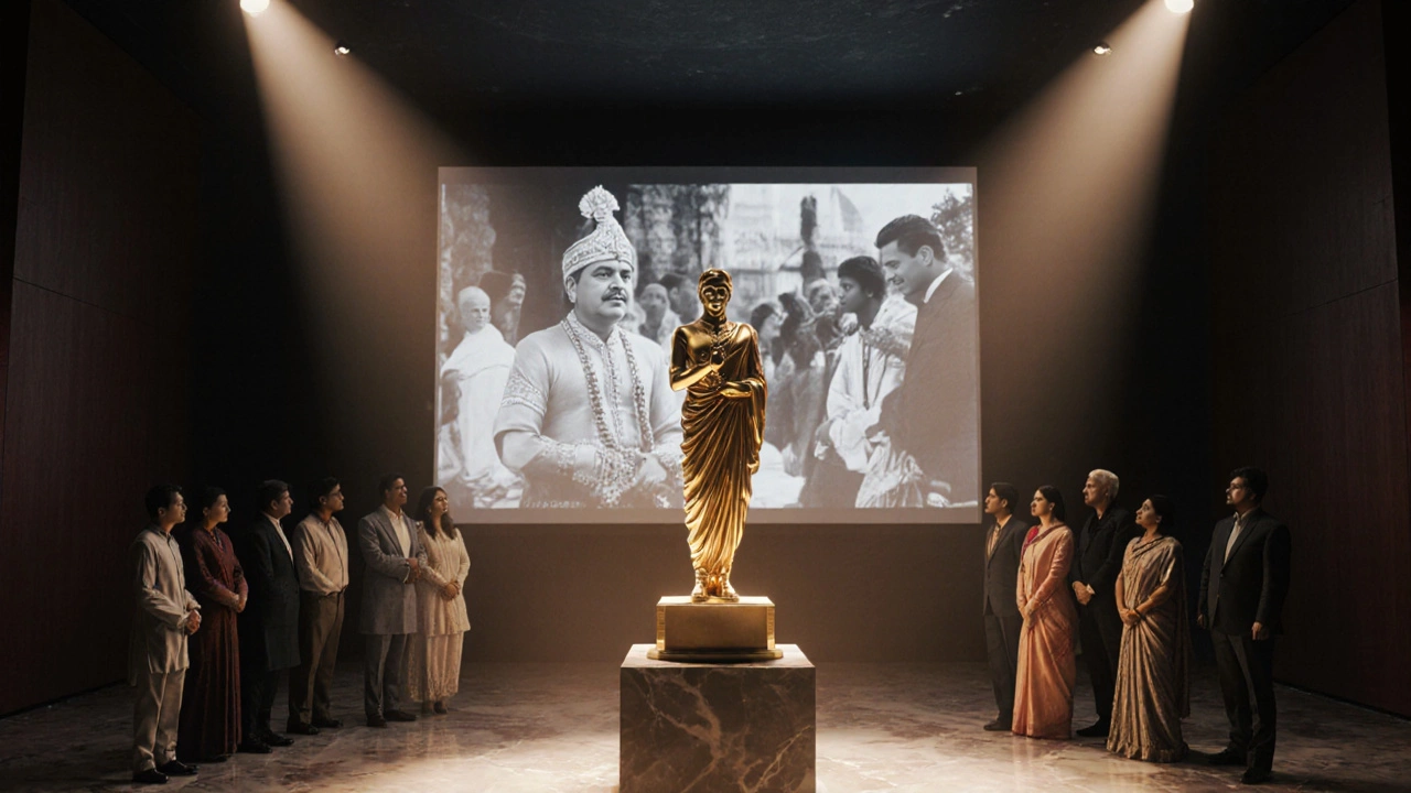 Modern auditorium with a golden Phalke award and filmmakers watching an old film.