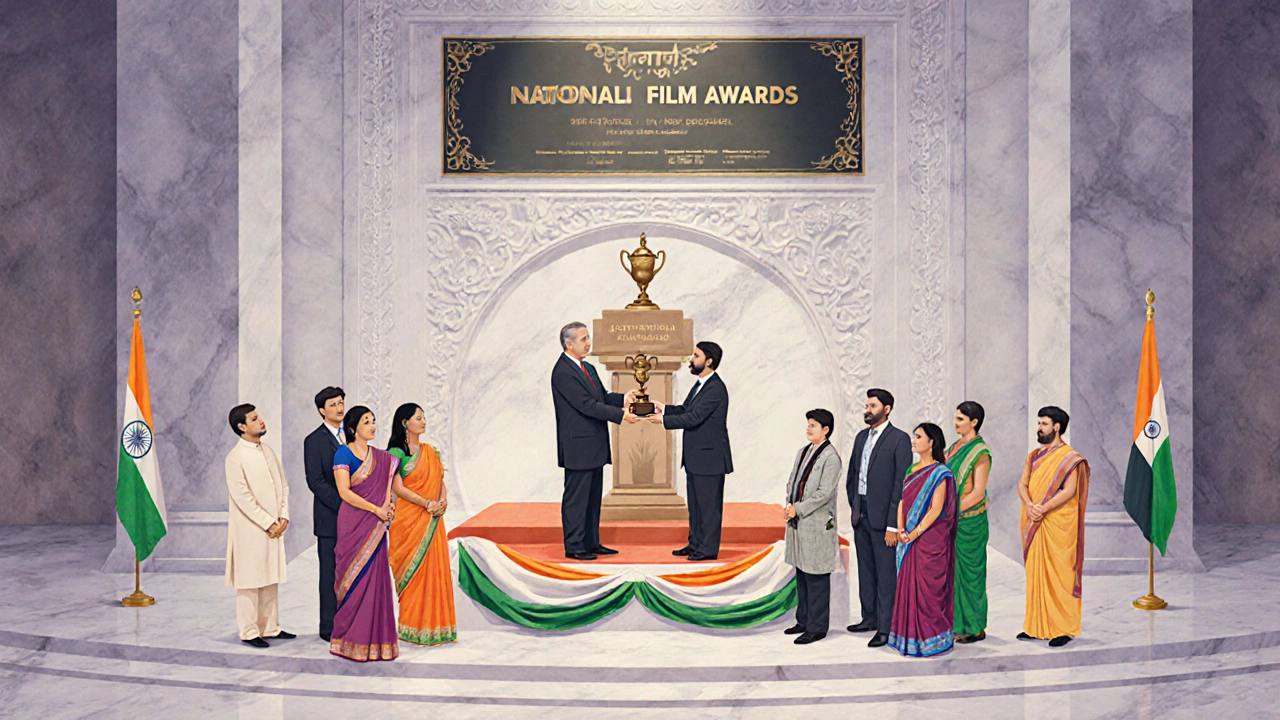 National Film Awards ceremony in a formal Indian government hall with diverse filmmakers.