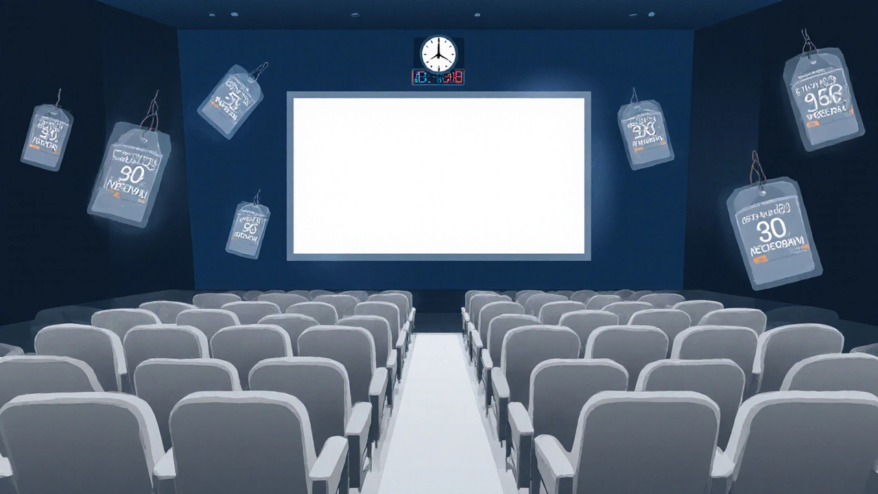 Nearly empty theater with rows of seats and a clock indicating a matinee.