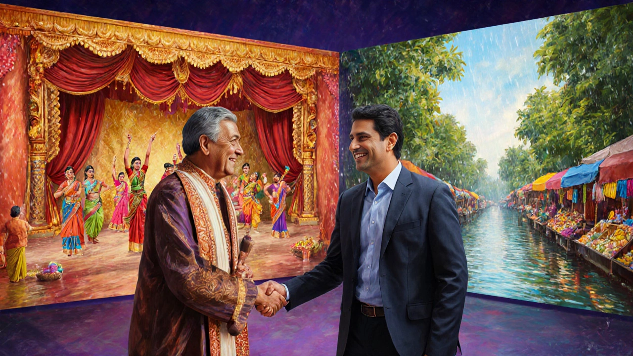 Netflix executive and Indian director collaborating on a vibrant multi‑regional film set.