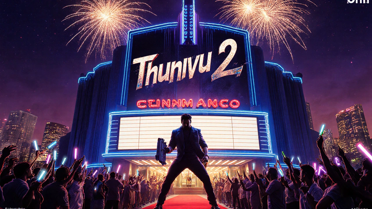 Night view of a grand theater glowing with “Thunivu 2” signage and a cheering crowd.