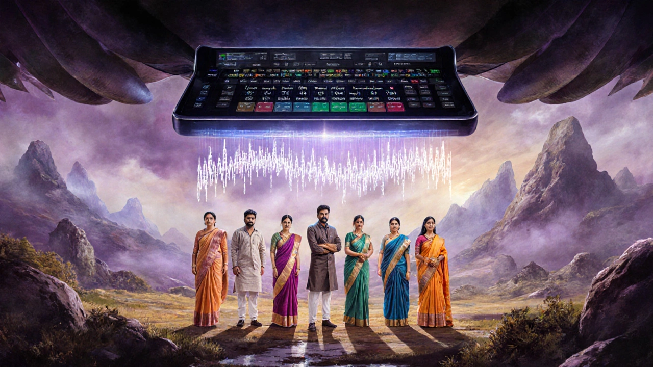 Pan‑Indian film set with actors of different languages and holographic AI dubbing console.