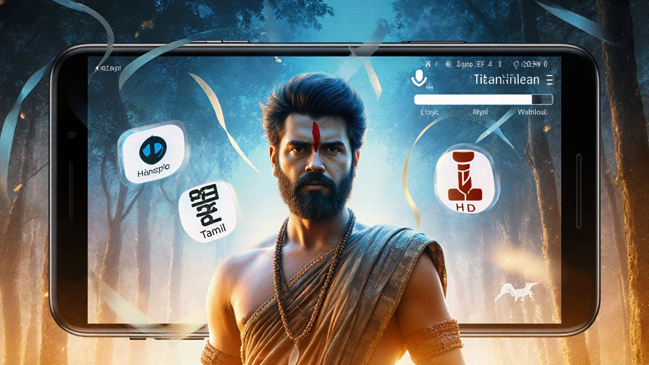Tribal leader merged with smartphone showing download progress and subtitle icons.