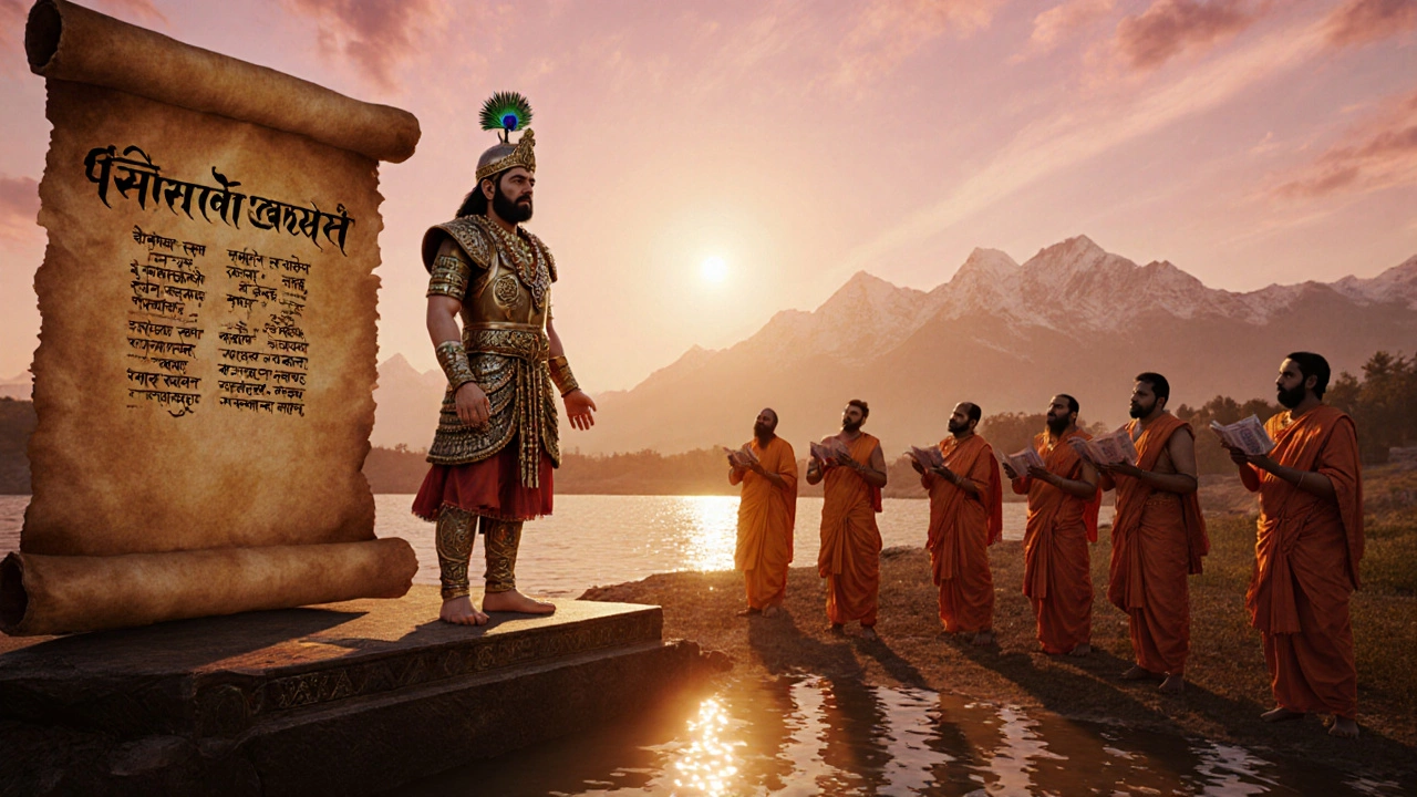 Vedic ceremony on a riverbank with King Bharata and priests reciting the Rigveda.