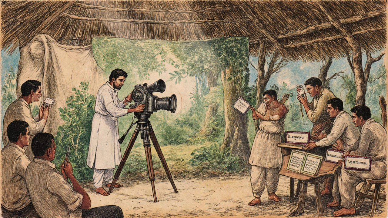 Vintage sketch of director A. Narayanan directing with a hand‑cranked camera in a sunlit studio set.