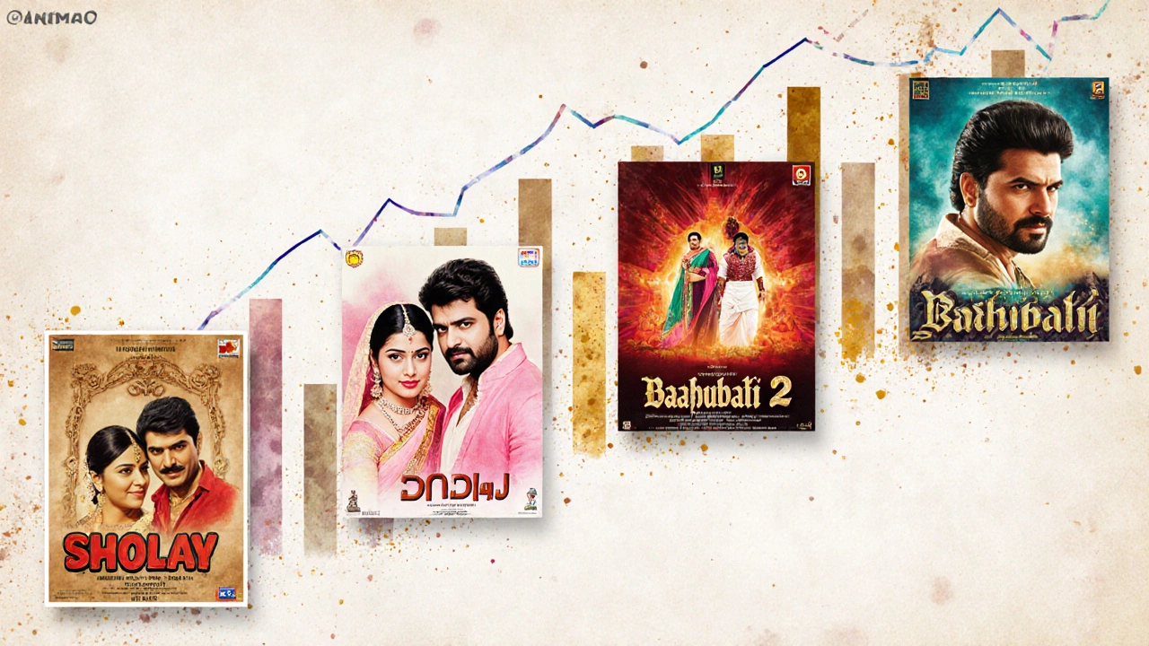 Watercolor collage of classic Indian film posters showing their evolution.