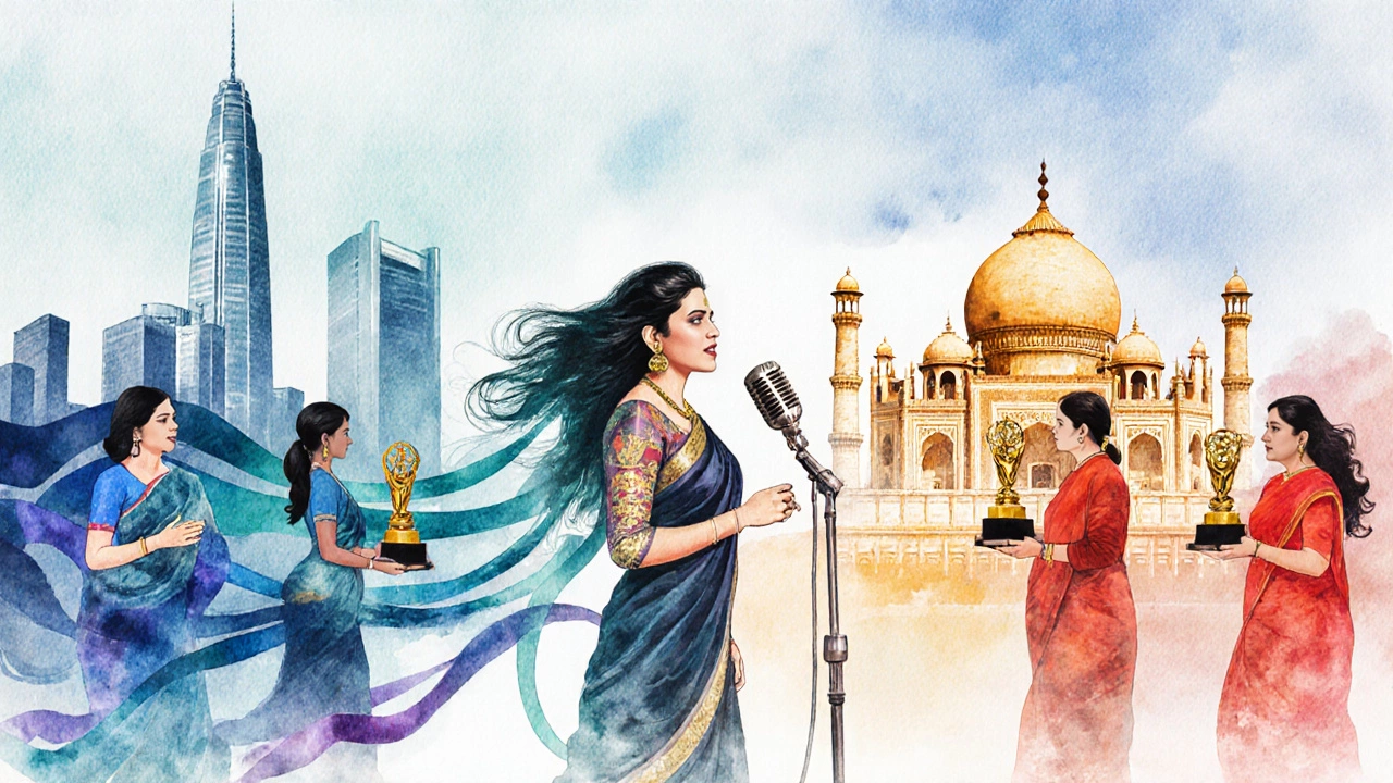 Watercolor illustration of Shreya singing, linking a city skyline and a temple.