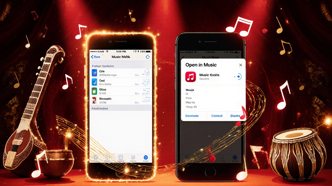 Android and iPhone screens showing MP3 conversion with musical elements floating around