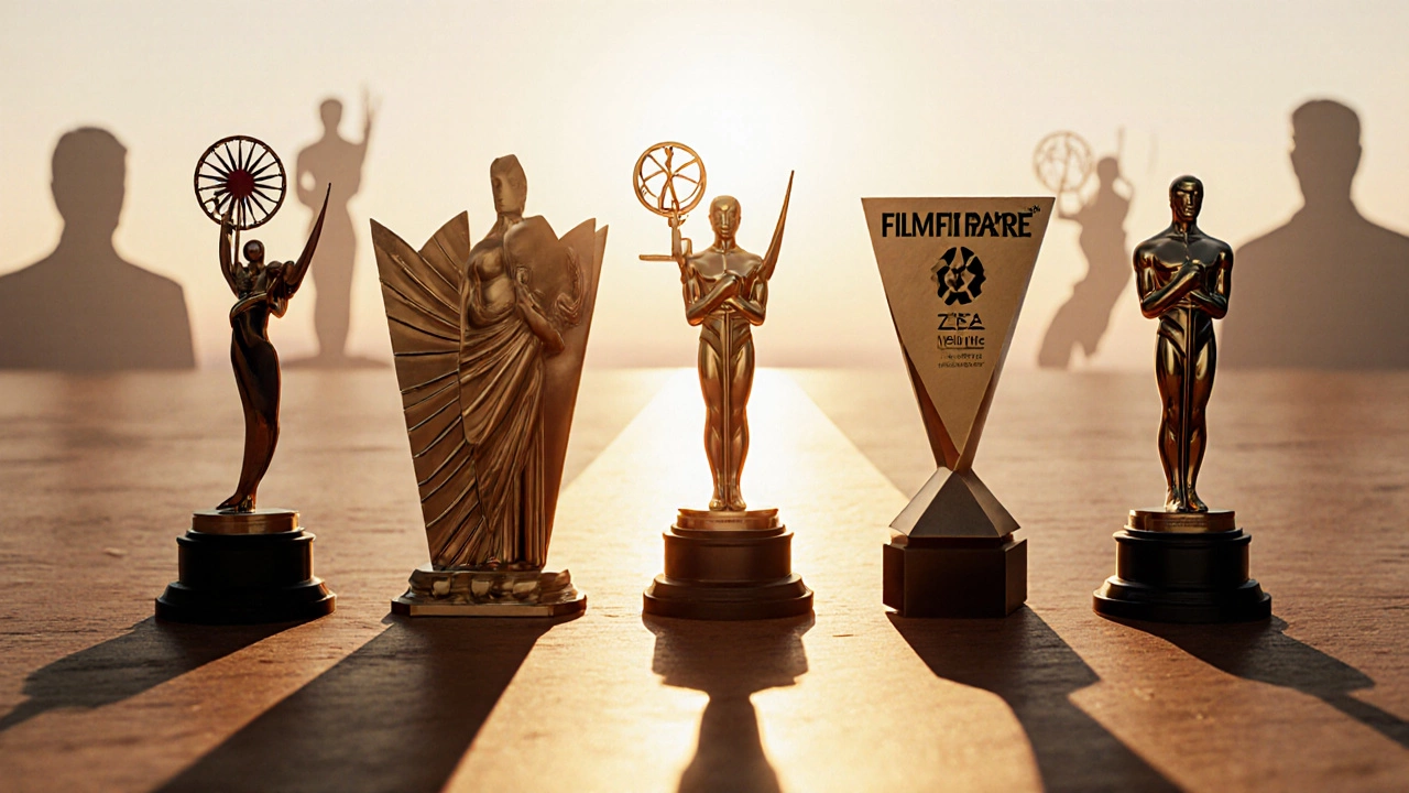Four Indian film awards on table casting shadows toward horizon