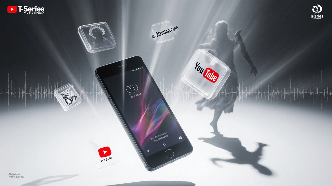 Smartphone with official music labels and converter icons floating around it